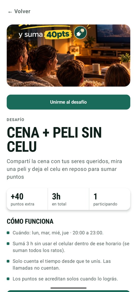 Desafío Cena + peli sin celu: +40 puntos extra, botón Unirme al desafío