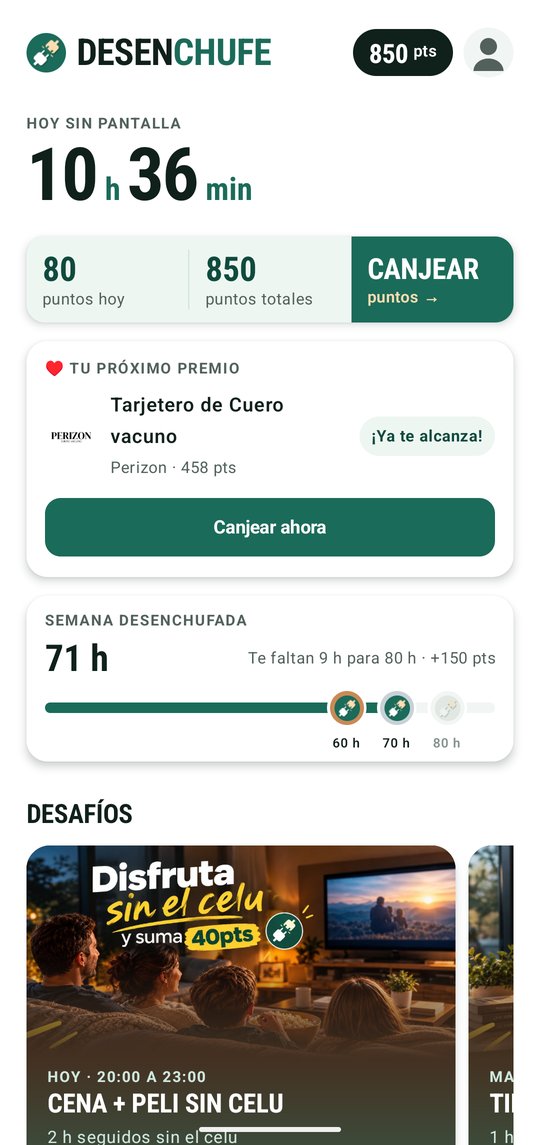 Pantalla de inicio de Desenchufe: 10 h 36 min sin pantalla hoy, 850 puntos y el próximo premio