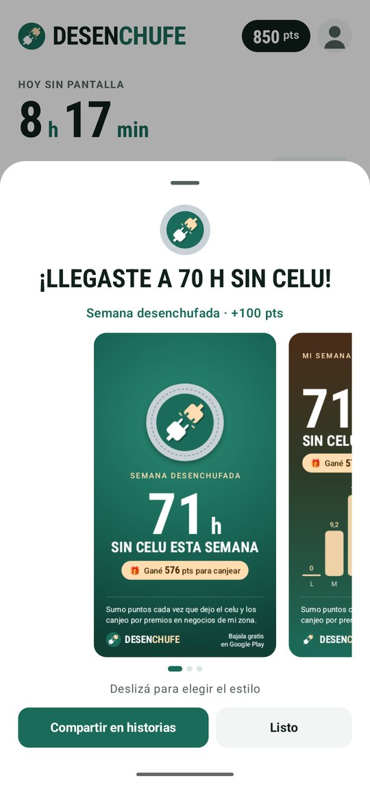Festejo de la Semana desenchufada: llegaste a 70 h sin celu, +100 puntos, tarjeta para compartir